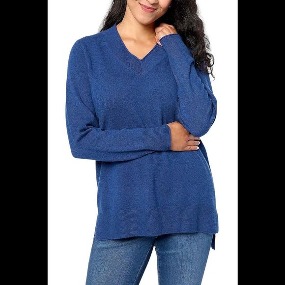 Pure Splendor Cashmere V-Neck Long Sleeve Tunic Pullover Navy - Regular - Picture 1 of 1